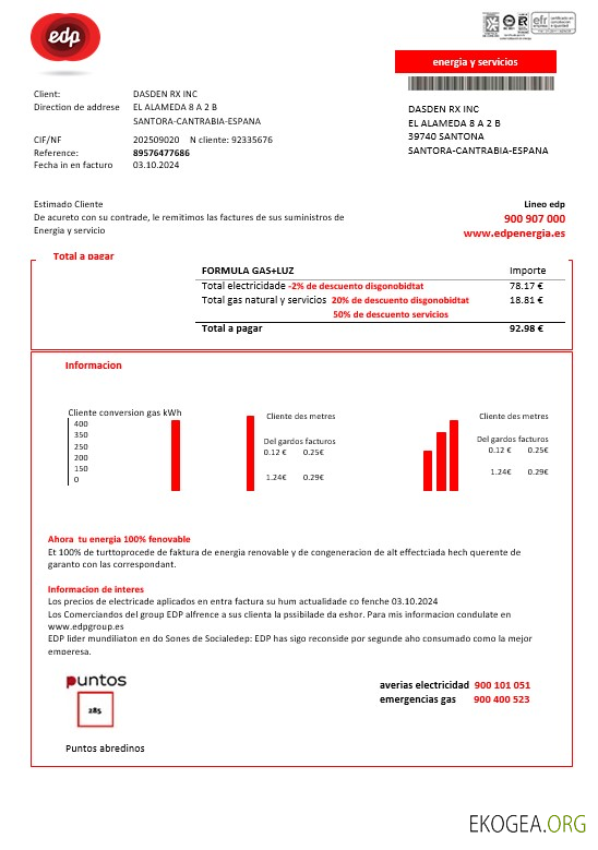 Modèle de facture de services publics d'entreprise Espagne EDP Energia aux formats Word et PDF